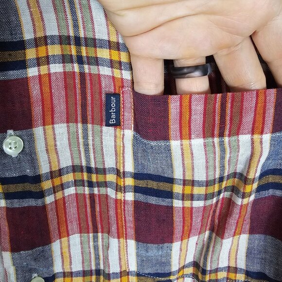 Barbour Tailored Fit Linen Shirt XL Red Plaid Preppy Coastal Lightweight Resort - Picture 9 of 11